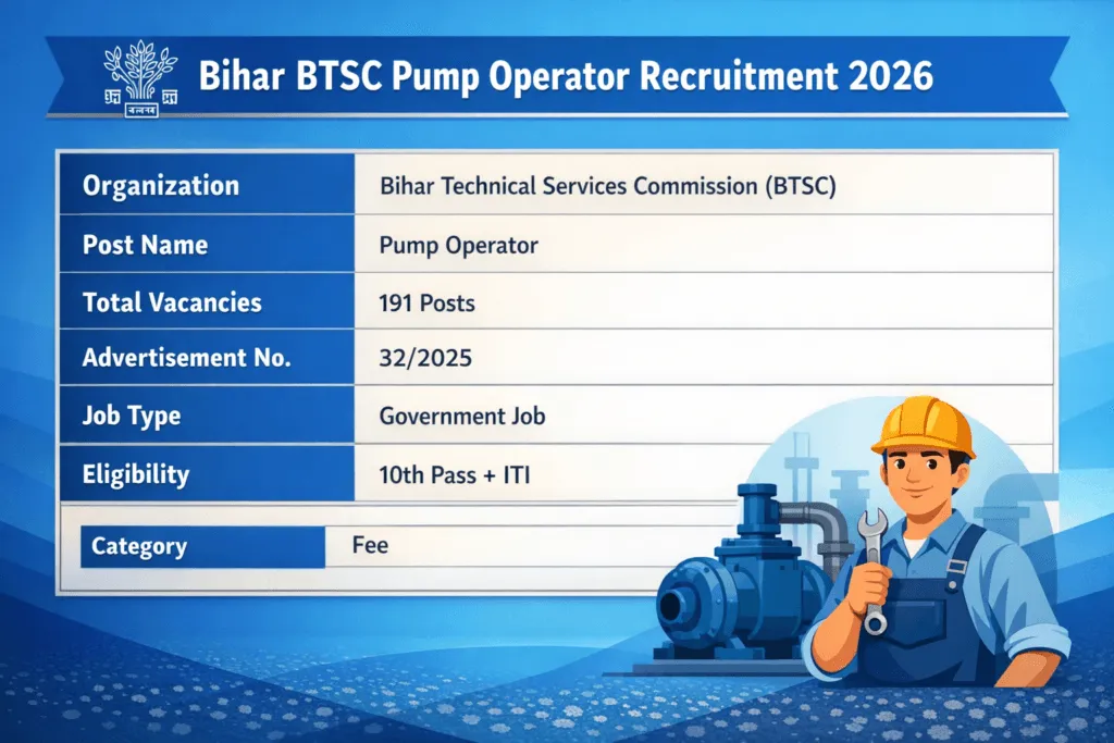 Bihar BTSC Pump Operator Recruitment 2026